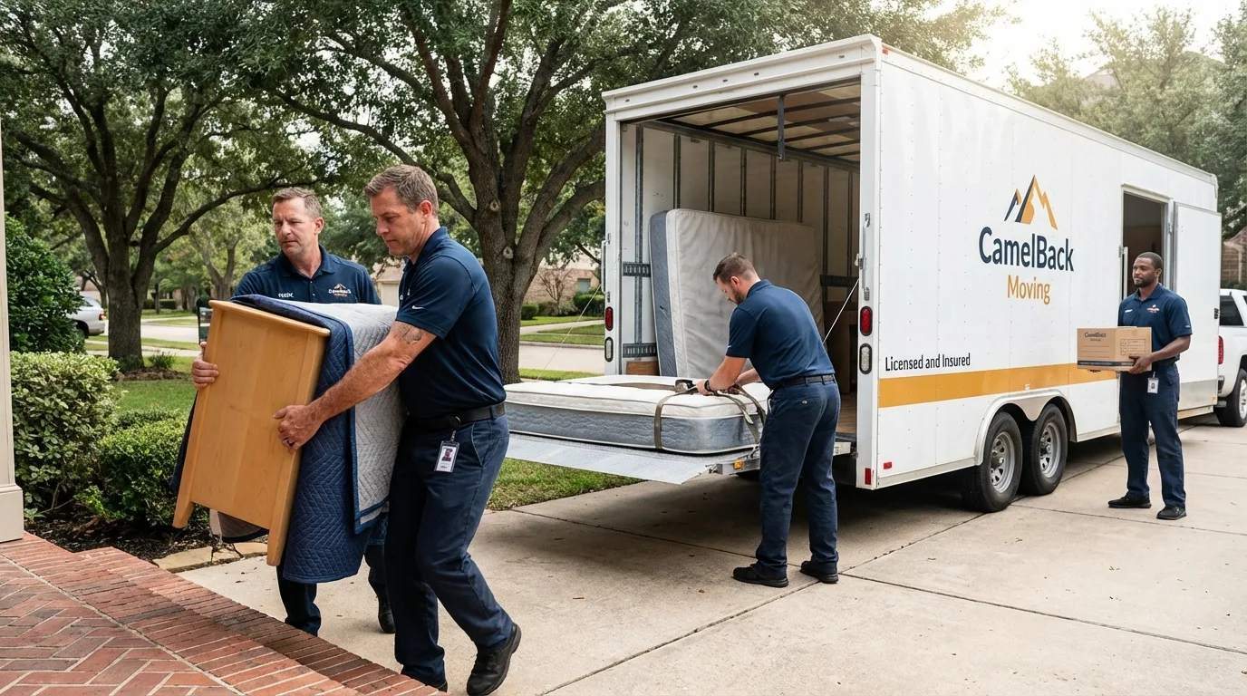 Crew loading residential truck for cross-state move from Emeryville, CA