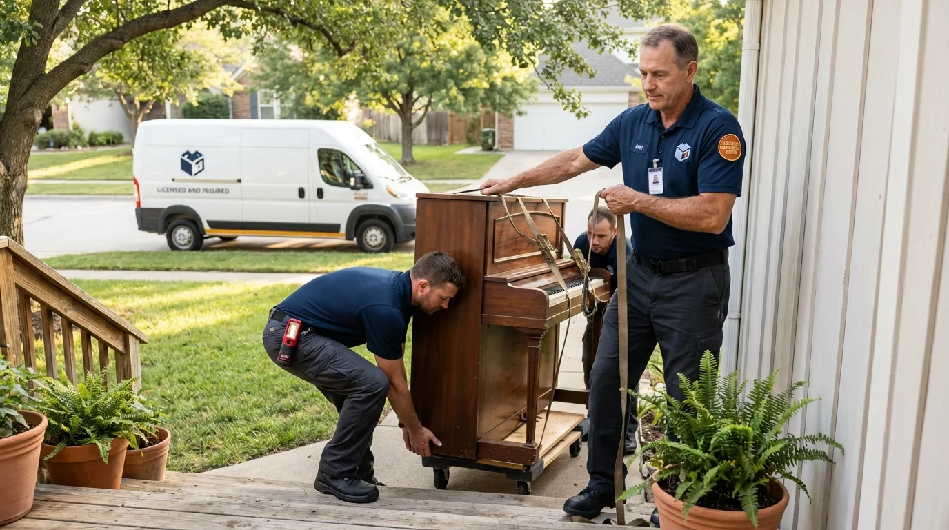 Licensed piano movers securing grand piano in Emeryville, CA