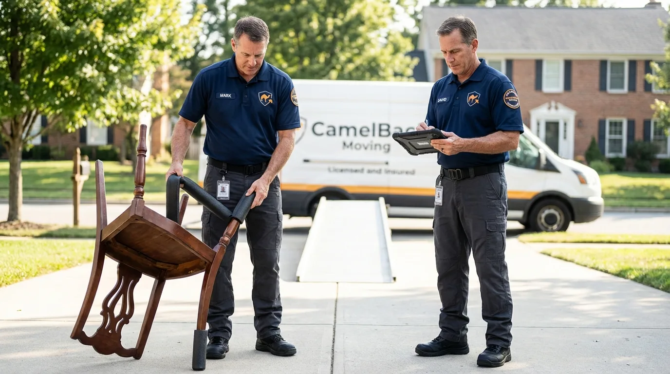 Movers inspecting furniture for damage prevention before loading in Emeryville, CA
