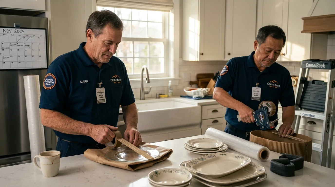 Professional crew packing kitchen dishware in Emeryville, CA